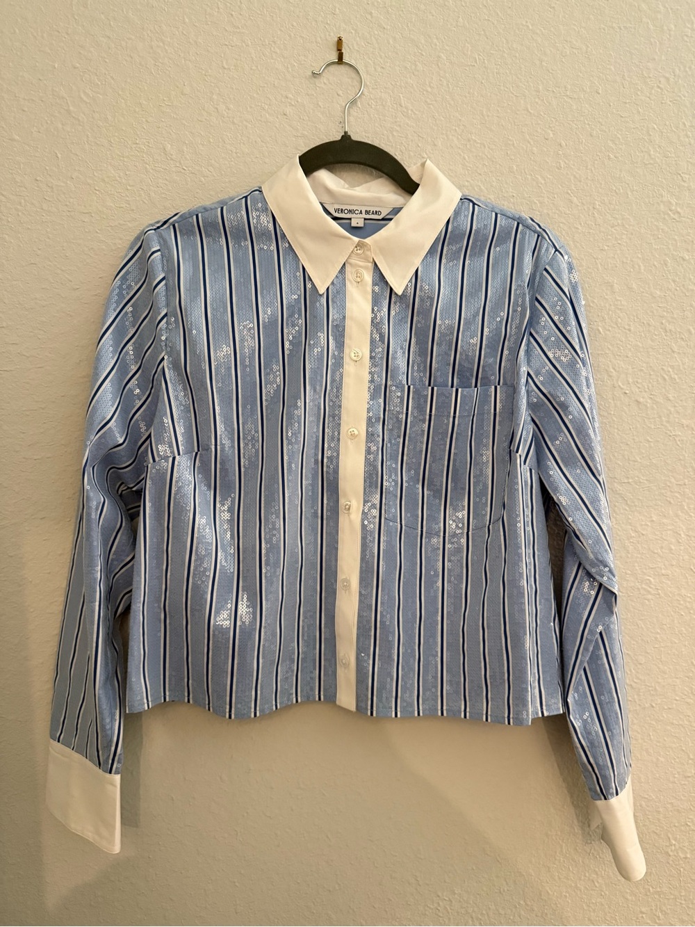 Veronica Beard Light Blue Stripe Button-Down with White Collar